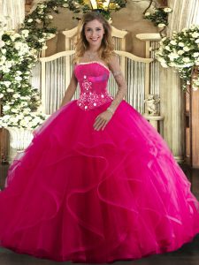 Beauteous Strapless Sleeveless Tulle Quince Ball Gowns Beading and Ruffles Lace Up