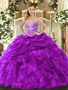 On Sale Organza Sweetheart Sleeveless Lace Up Beading and Ruffles and Pick Ups Quince Ball Gowns in Purple