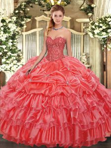 Fabulous Sweetheart Sleeveless Sweet 16 Dresses Floor Length Beading and Ruffles and Pick Ups Coral Red Organza