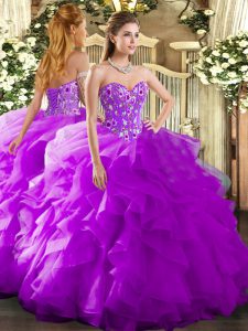 Best Floor Length Lace Up Quinceanera Dresses Purple for Military Ball and Sweet 16 and Quinceanera with Embroidery and 