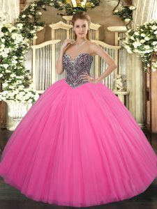 Hot Pink Tulle Lace Up Sweet 16 Quinceanera Dress Sleeveless Floor Length Beading