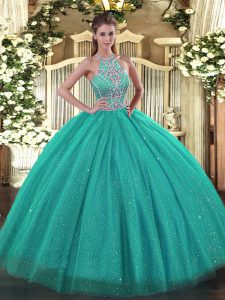 Classical Turquoise Ball Gowns Tulle Halter Top Sleeveless Beading Floor Length Lace Up 15 Quinceanera Dress