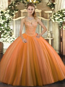 Best Floor Length Orange Red 15th Birthday Dress Tulle Sleeveless Beading