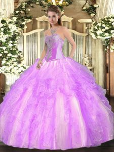 Admirable Beading and Ruffles 15th Birthday Dress Lilac Lace Up Sleeveless Floor Length