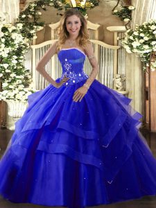 Flirting Ball Gowns Quinceanera Dress Royal Blue Strapless Tulle Sleeveless Floor Length Lace Up