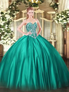 Turquoise Satin Lace Up Quinceanera Dresses Sleeveless Floor Length Beading