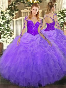 Sophisticated Lavender Ball Gowns Scoop Long Sleeves Organza Floor Length Lace Up Lace and Ruffles Ball Gown Prom Dress