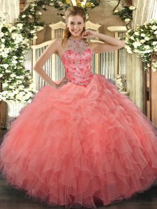 Colorful Watermelon Red Halter Top Neckline Beading and Embroidery Sweet 16 Dresses Sleeveless Lace Up