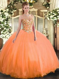 Orange Lace Up Sweet 16 Dress Embroidery Sleeveless Floor Length