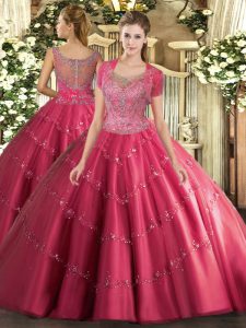 Extravagant Sleeveless Tulle Floor Length Clasp Handle Quinceanera Dress in Hot Pink with Beading and Appliques