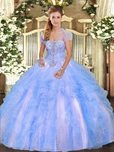 Shining Floor Length Baby Blue Quinceanera Gowns Strapless Sleeveless Lace Up