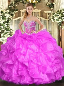 Fuchsia Organza Lace Up 15th Birthday Dress Sleeveless Floor Length Beading and Ruffles