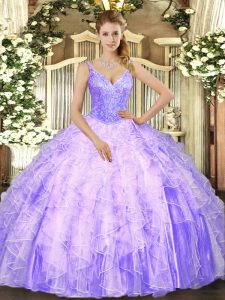 Tulle V-neck Sleeveless Lace Up Beading and Ruffles Quince Ball Gowns in Lavender