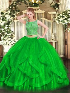 Elegant Green Quince Ball Gowns Military Ball and Sweet 16 and Quinceanera with Beading and Ruffles Scoop Sleeveless Lac