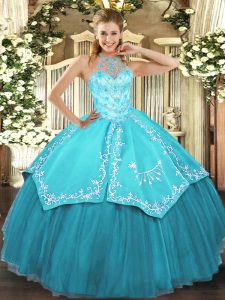 Unique Aqua Blue Satin and Tulle Lace Up Halter Top Sleeveless Floor Length Sweet 16 Quinceanera Dress Beading and Embro