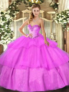 Gorgeous Sleeveless Floor Length Beading and Ruffled Layers Lace Up Sweet 16 Dress with Lilac