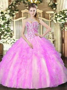Custom Fit Lilac Quince Ball Gowns Military Ball and Sweet 16 and Quinceanera with Beading and Ruffles Sweetheart Sleeve