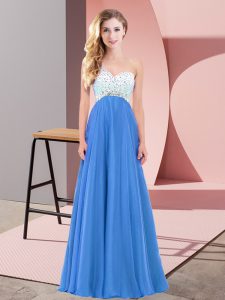 Blue Empire One Shoulder Sleeveless Chiffon Floor Length Criss Cross Beading Prom Party Dress