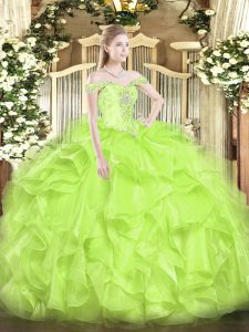 Sleeveless Floor Length Beading and Ruffles Lace Up Quinceanera Dresses with Yellow Green