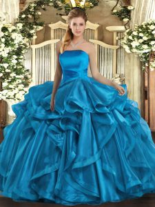 Ball Gowns Quinceanera Gown Baby Blue Strapless Organza Sleeveless Floor Length Lace Up