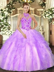 Adorable Lilac Sleeveless Organza Lace Up Quinceanera Gown for Military Ball and Sweet 16 and Quinceanera