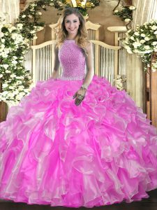 Extravagant Rose Pink Ball Gowns Organza High-neck Sleeveless Beading and Ruffles Floor Length Lace Up 15 Quinceanera Dr