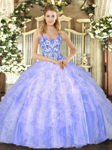 Affordable Sleeveless Beading and Ruffles Lace Up Quinceanera Gown