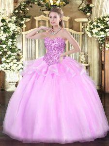 Lilac Organza Lace Up Sweetheart Sleeveless Floor Length Quinceanera Dresses Appliques