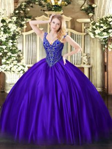 Sumptuous Floor Length Purple Sweet 16 Quinceanera Dress Satin Sleeveless Beading