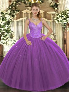 Purple Sleeveless Beading Floor Length 15 Quinceanera Dress