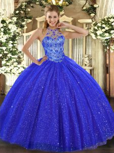 Halter Top Sleeveless Lace Up Sweet 16 Dresses Royal Blue Tulle and Sequined