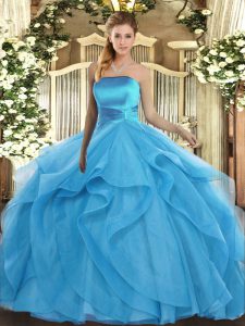 Eye-catching Sleeveless Floor Length Ruffles Lace Up 15 Quinceanera Dress with Baby Blue