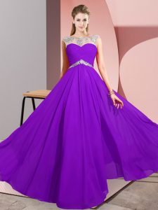Purple Empire Chiffon Scoop Sleeveless Beading Floor Length Clasp Handle Prom Gown