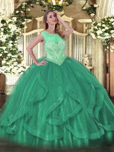 Modern Turquoise Ball Gowns Beading and Ruffles Quinceanera Dresses Lace Up Tulle Sleeveless Floor Length
