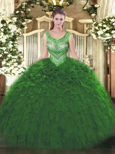New Arrival Floor Length Green Sweet 16 Dresses Organza Sleeveless Beading and Ruffles