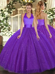Cute Halter Top Sleeveless Quince Ball Gowns Floor Length Sequins Purple Tulle