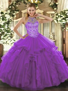 Dazzling Organza Halter Top Sleeveless Lace Up Beading and Embroidery Vestidos de Quinceanera in Purple