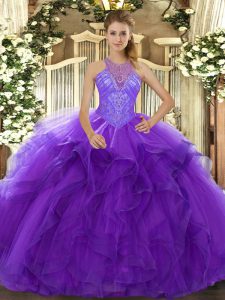 Floor Length Purple Ball Gown Prom Dress High-neck Sleeveless Lace Up
