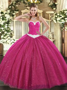 Customized Sleeveless Tulle Floor Length Lace Up Quince Ball Gowns in Hot Pink with Appliques