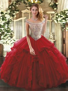Free and Easy Wine Red Ball Gowns Beading and Ruffles Quinceanera Dress Lace Up Tulle Sleeveless Floor Length