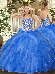 Blue Sweetheart Neckline Beading and Ruffles Quinceanera Gown Sleeveless Lace Up