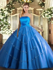 Flare Floor Length Ball Gowns Sleeveless Blue Quinceanera Gown Lace Up