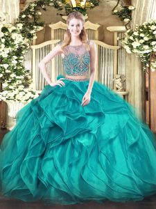 Teal Lace Up 15 Quinceanera Dress Beading and Ruffles Sleeveless Floor Length