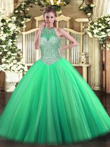 Green Sweet 16 Dresses Military Ball and Sweet 16 and Quinceanera with Beading Halter Top Sleeveless Lace Up