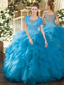 Teal Ball Gowns Scoop Sleeveless Tulle Floor Length Clasp Handle Beading and Ruffled Layers Sweet 16 Quinceanera Dress