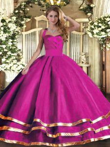 Nice Fuchsia Ball Gowns Tulle Halter Top Sleeveless Ruffled Layers Floor Length Lace Up Sweet 16 Quinceanera Dress