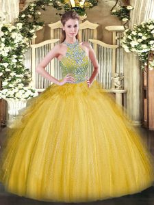 Popular Gold Ball Gowns Beading and Ruffles Vestidos de Quinceanera Lace Up Tulle Sleeveless Floor Length