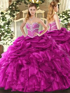 Glorious Fuchsia Lace Up Vestidos de Quinceanera Beading and Ruffles and Pick Ups Sleeveless Floor Length