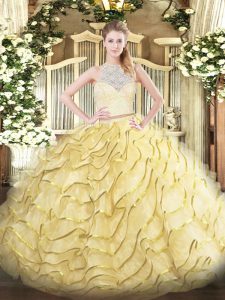 Gold Sleeveless Brush Train Lace and Ruffles Quinceanera Gown