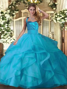 Baby Blue Sleeveless Tulle Lace Up Ball Gown Prom Dress for Military Ball and Sweet 16 and Quinceanera